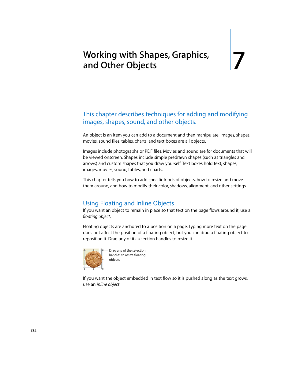Working with shapes, graphics, andother objects, Using floating and inline objects, Chapter 7 | Working with shapes, graphics, and other objects | Apple Pages '08 User Manual | Page 134 / 246
