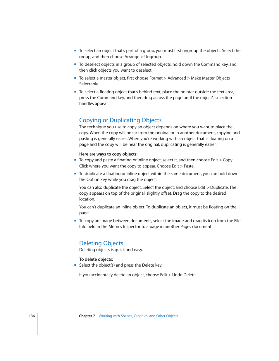 Copying or duplicating objects, Deleting objects | Apple Pages '08 User Manual | Page 136 / 246