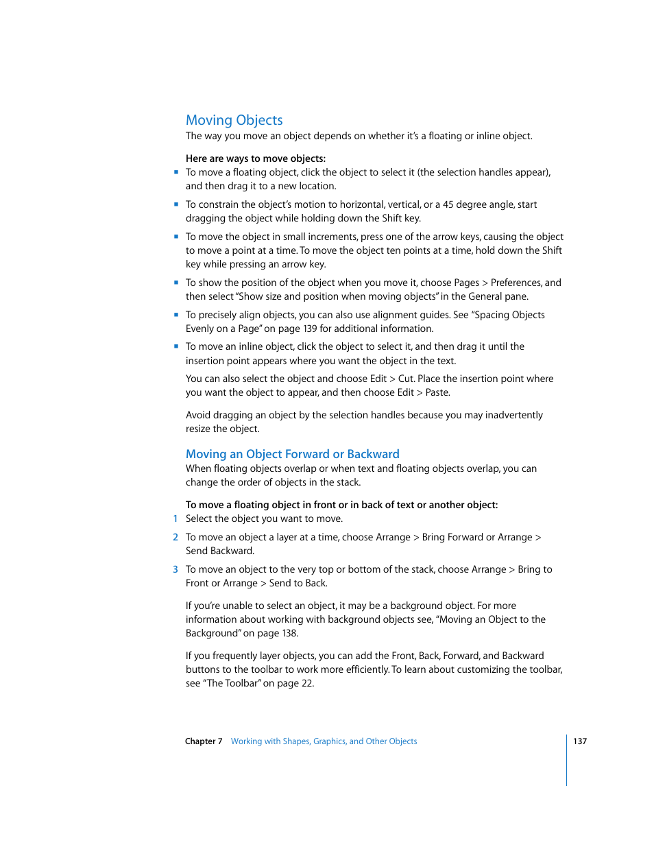Moving objects, Moving an object forward or backward | Apple Pages '08 User Manual | Page 137 / 246