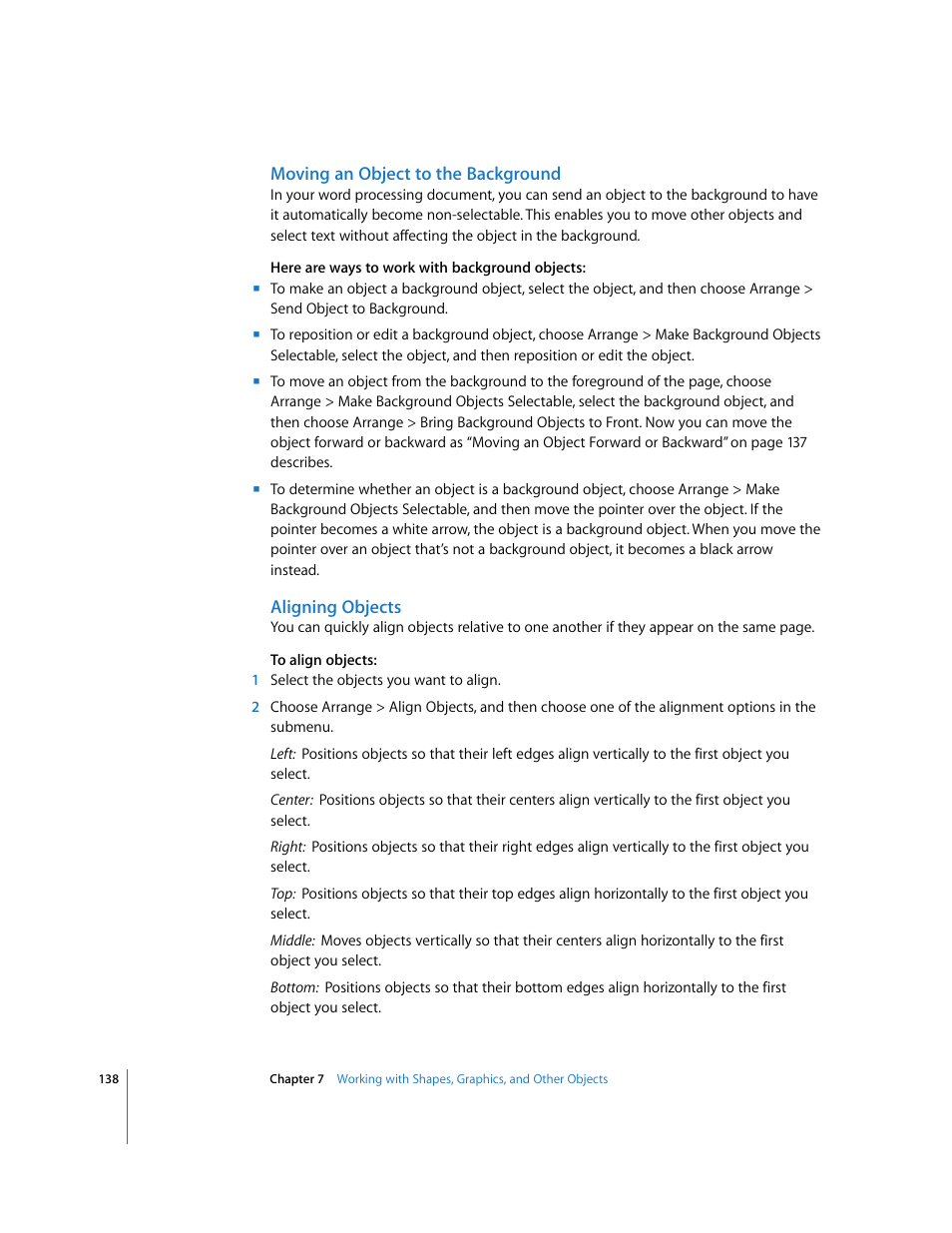 Moving an object to the background, Aligning objects | Apple Pages '08 User Manual | Page 138 / 246