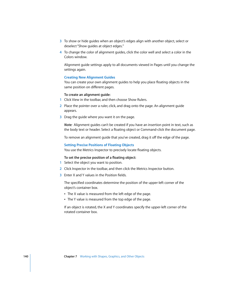 Creating new alignment guides, Setting precise positions of floating objects | Apple Pages '08 User Manual | Page 140 / 246