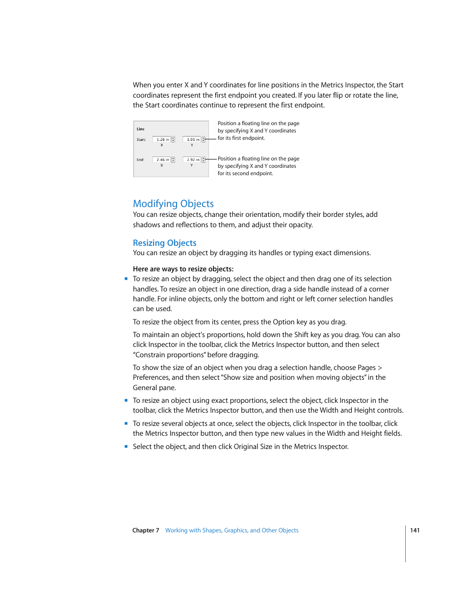 Modifying objects, Resizing objects | Apple Pages '08 User Manual | Page 141 / 246