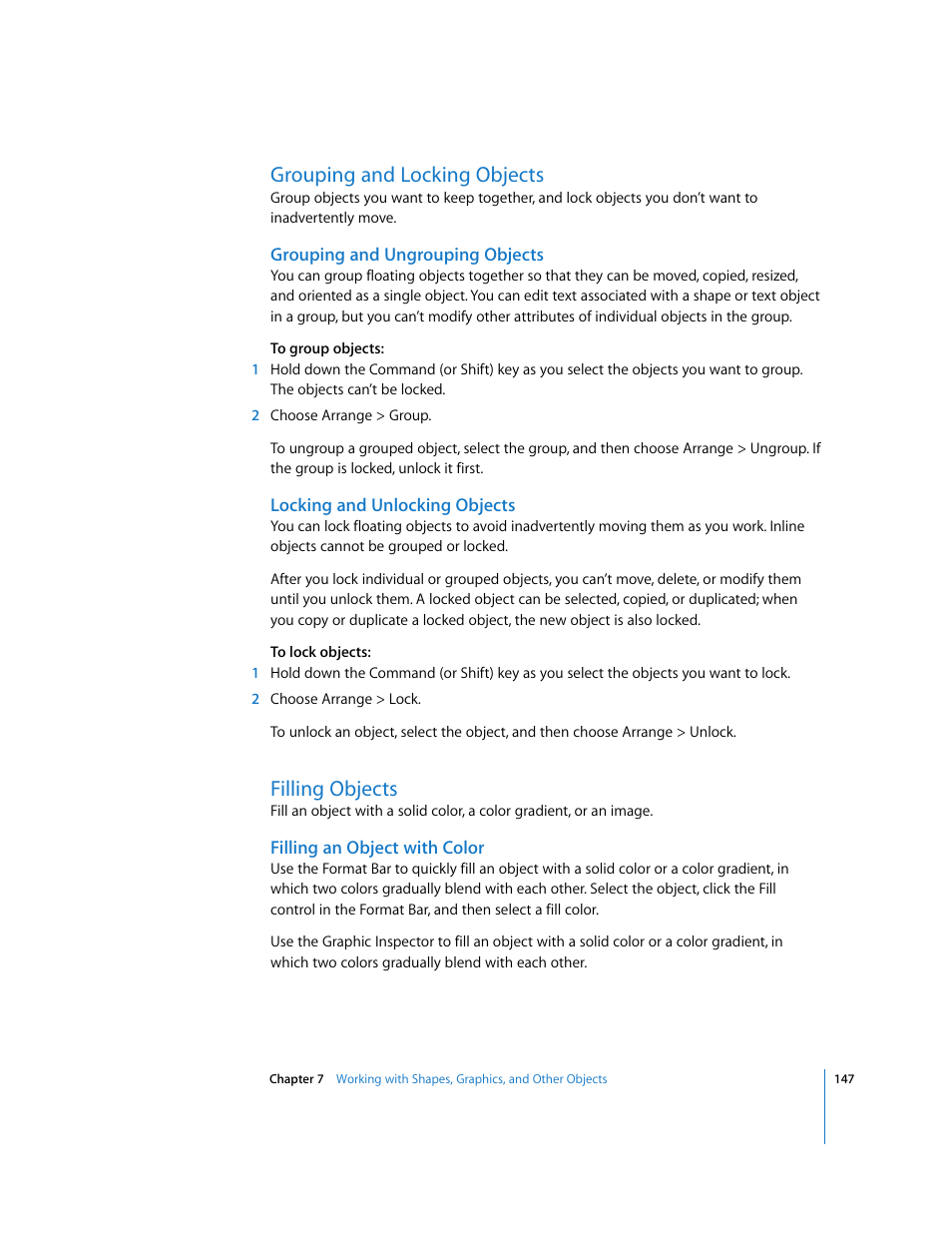 Grouping and locking objects, Grouping and ungrouping objects, Locking and unlocking objects | Filling objects, Filling an object with color | Apple Pages '08 User Manual | Page 147 / 246