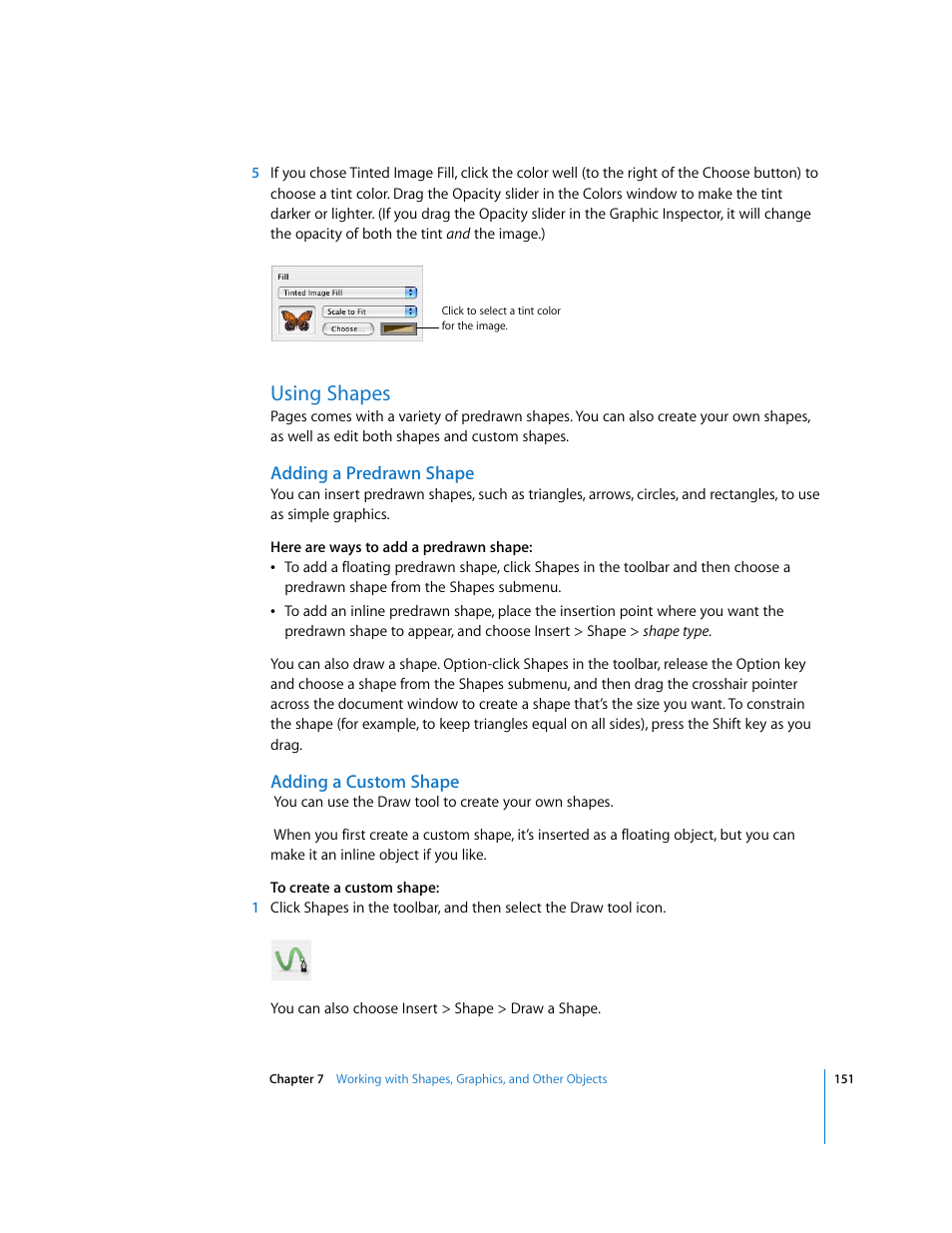 Using shapes, Adding a predrawn shape, Adding a custom shape | Apple Pages '08 User Manual | Page 151 / 246