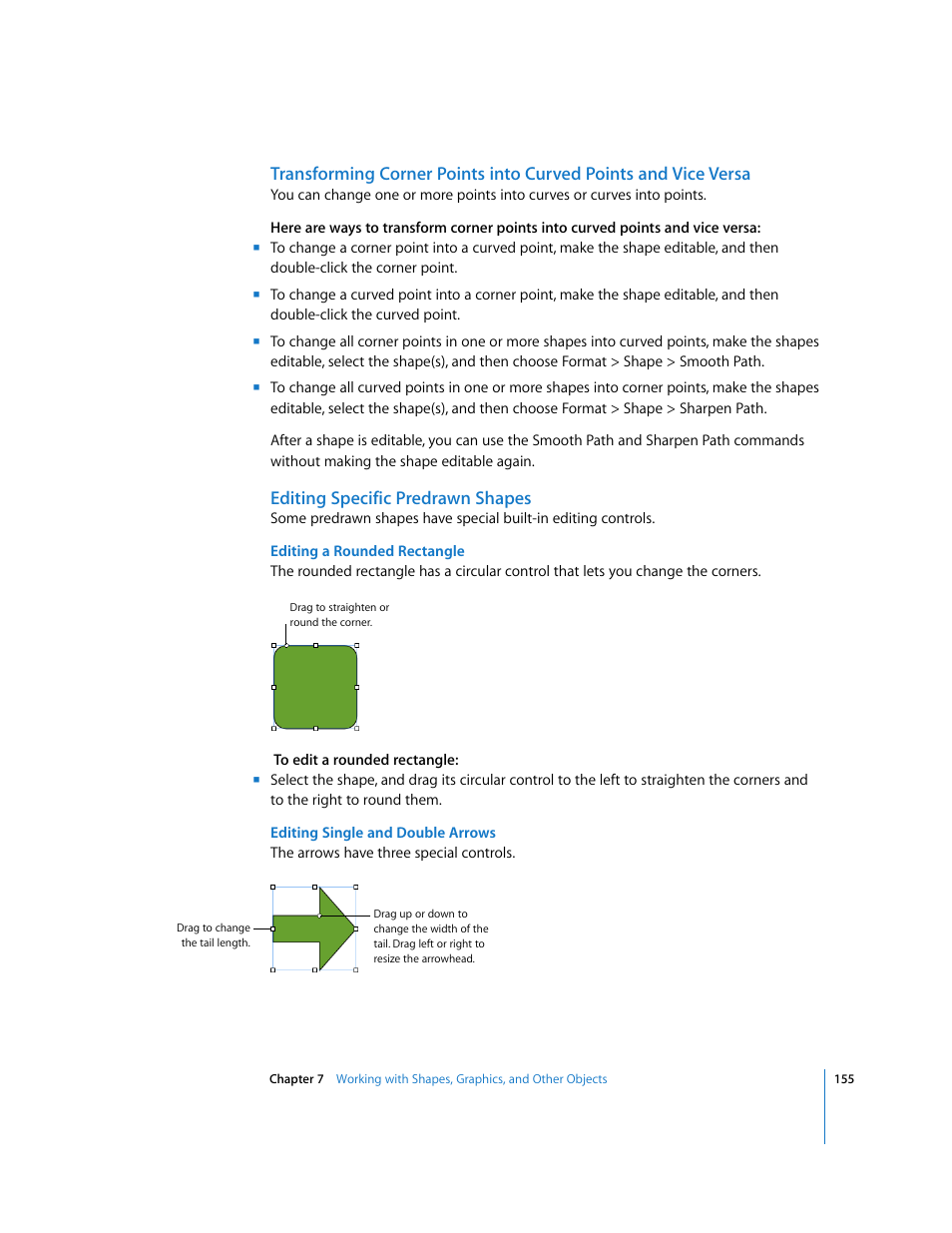 Editing specific predrawn shapes, Editing a rounded rectangle, Editing single and double arrows | Apple Pages '08 User Manual | Page 155 / 246