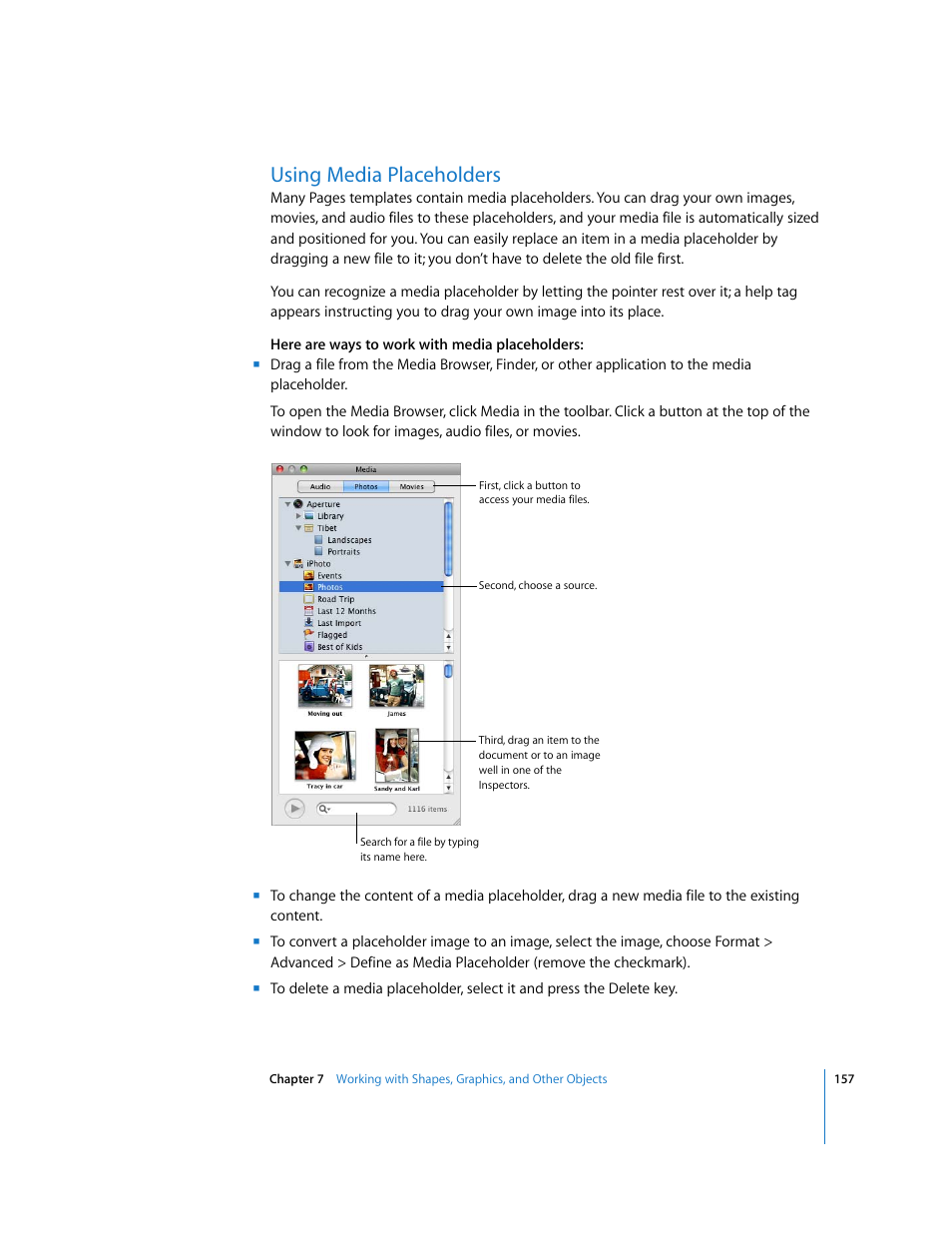 Using media placeholders | Apple Pages '08 User Manual | Page 157 / 246