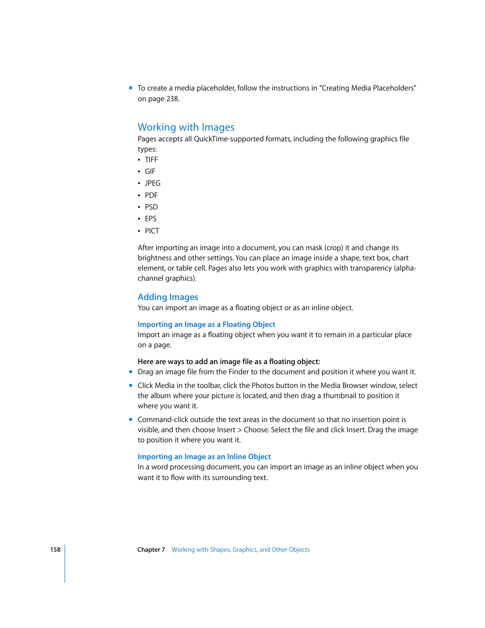 Working with images, Adding images, Importing an image as a floating object | Importing an image as an inline object, Ee “working with images” on | Apple Pages '08 User Manual | Page 158 / 246
