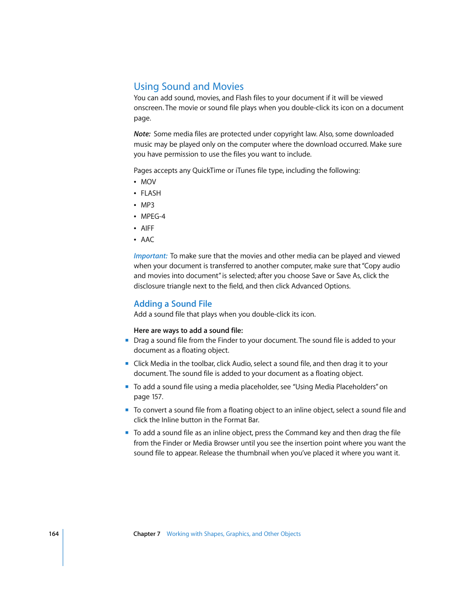 Using sound and movies, Adding a sound file, Ee “using sound and | Apple Pages '08 User Manual | Page 164 / 246