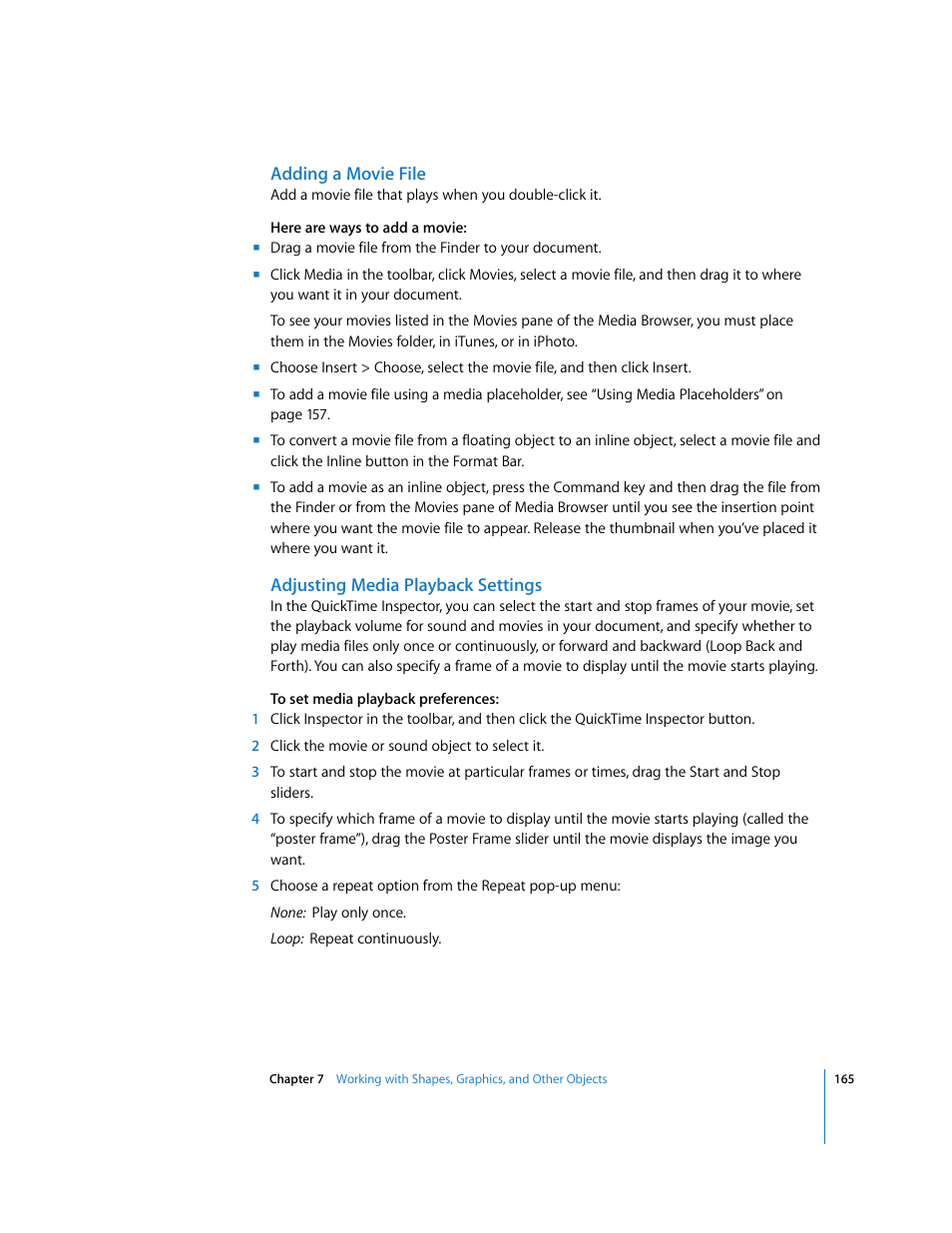 Adding a movie file, Adjusting media playback settings | Apple Pages '08 User Manual | Page 165 / 246