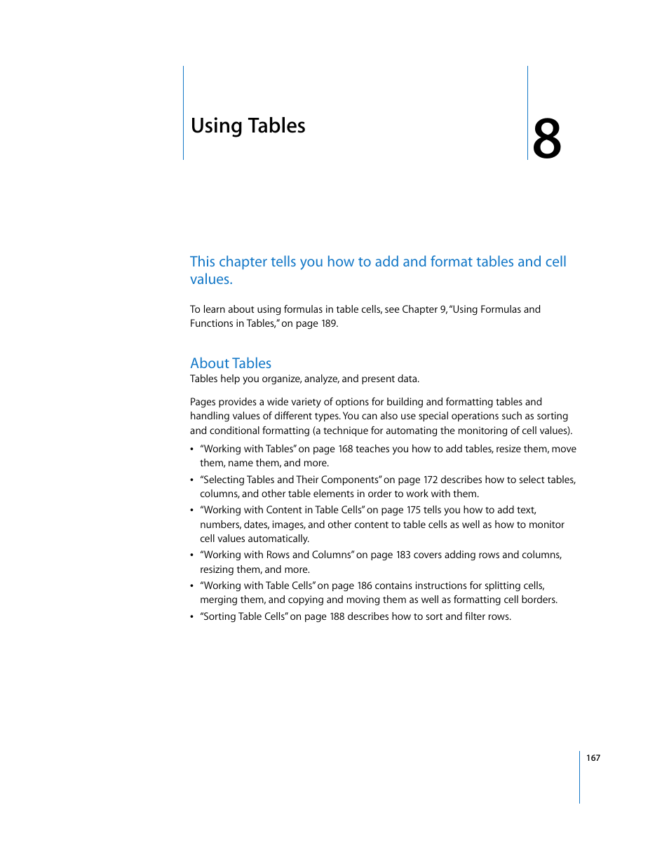 Using tables, About tables, Chapter 8 | Apple Pages '08 User Manual | Page 167 / 246