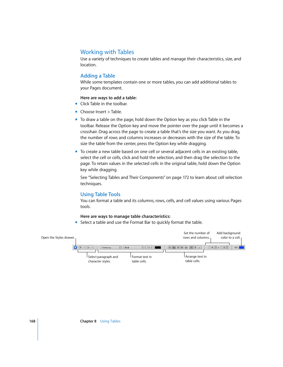 Working with tables, Adding a table, Using table tools | Apple Pages '08 User Manual | Page 168 / 246