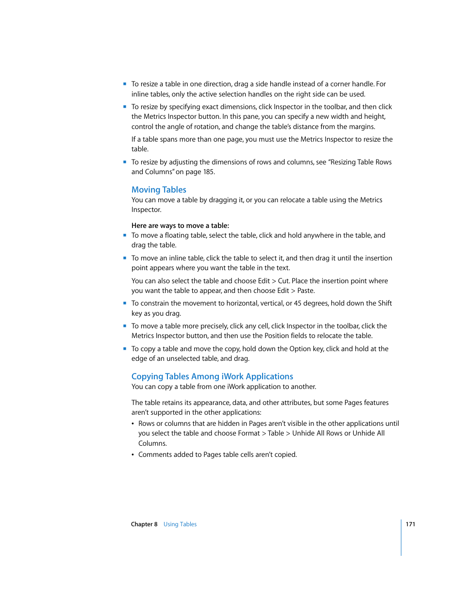 Moving tables, Copying tables among iwork applications | Apple Pages '08 User Manual | Page 171 / 246