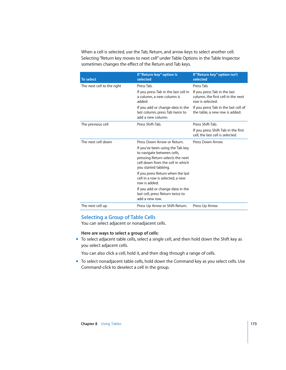 Selecting a group of table cells | Apple Pages '08 User Manual | Page 173 / 246