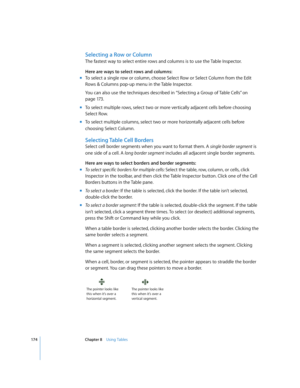 Selecting a row or column, Selecting table cell borders | Apple Pages '08 User Manual | Page 174 / 246