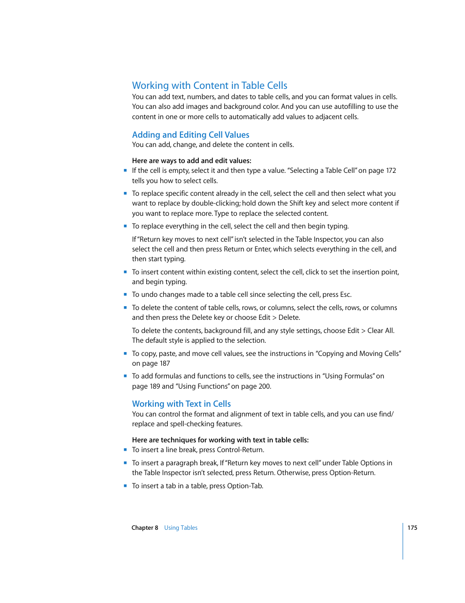 Working with content in table cells, Adding and editing cell values, Working with text in cells | Apple Pages '08 User Manual | Page 175 / 246