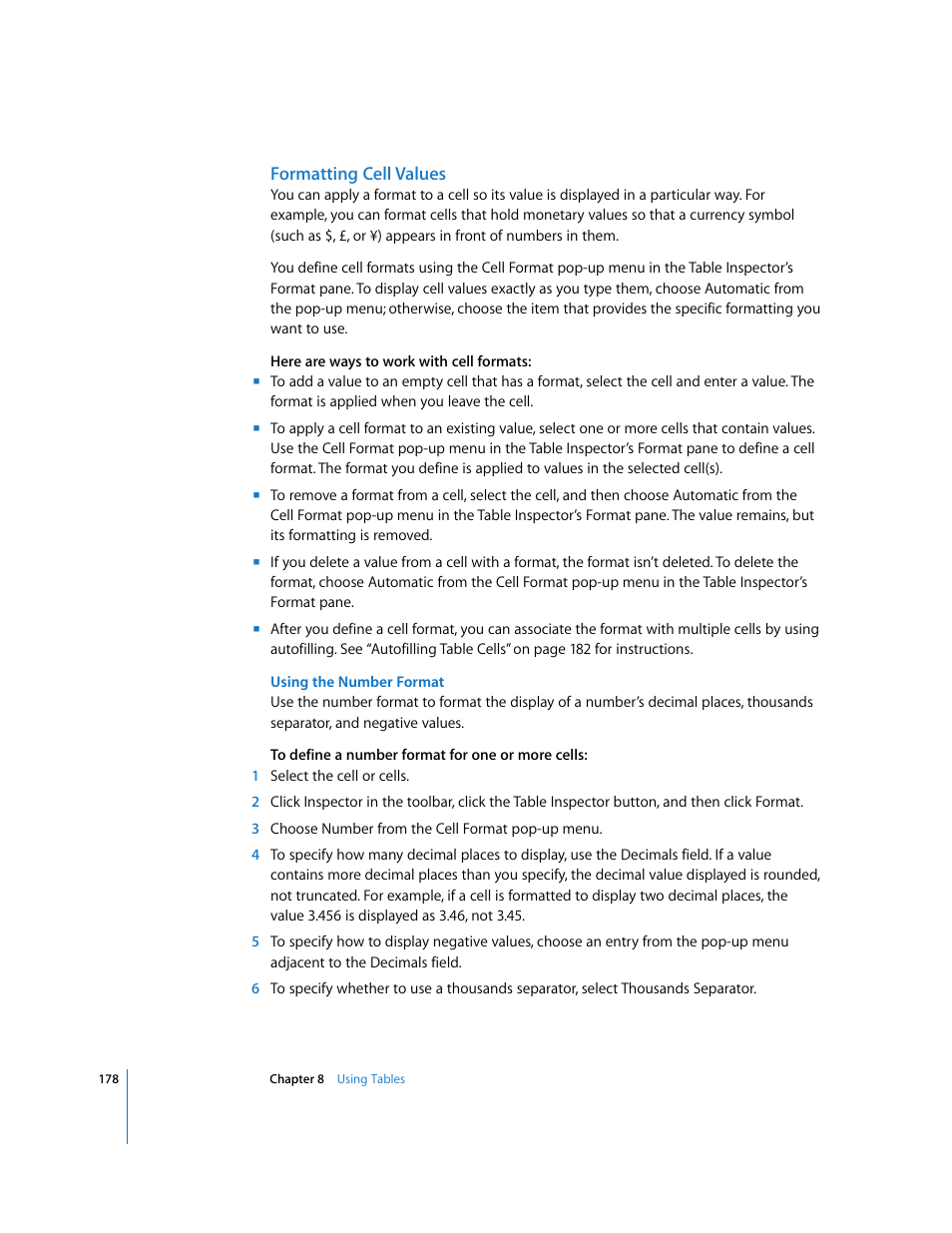 Formatting cell values, Using the number format | Apple Pages '08 User Manual | Page 178 / 246