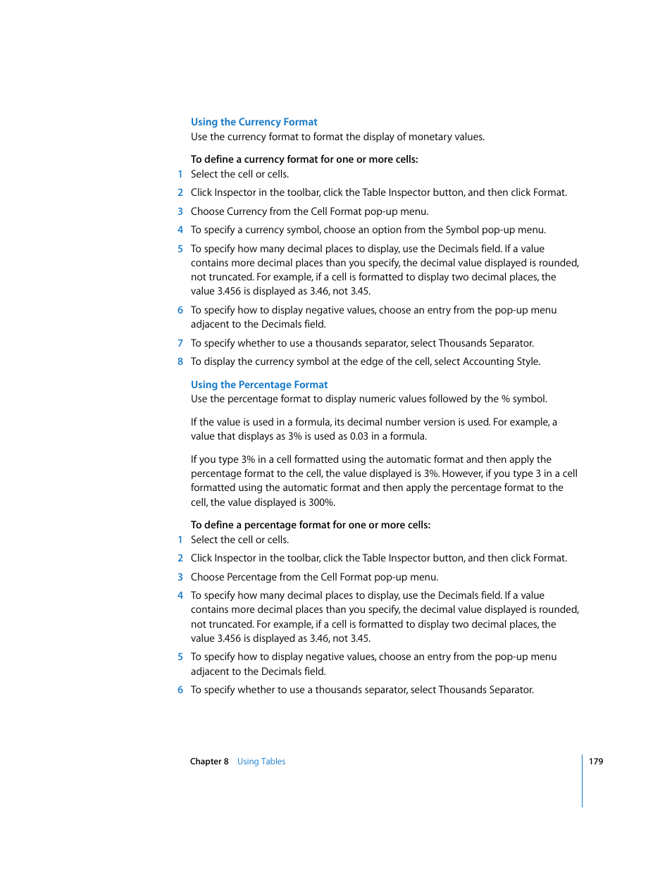 Using the currency format, Using the percentage format | Apple Pages '08 User Manual | Page 179 / 246