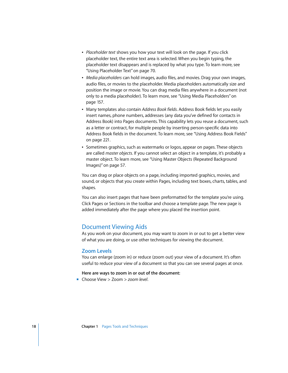 Document viewing aids, Zoom levels | Apple Pages '08 User Manual | Page 18 / 246