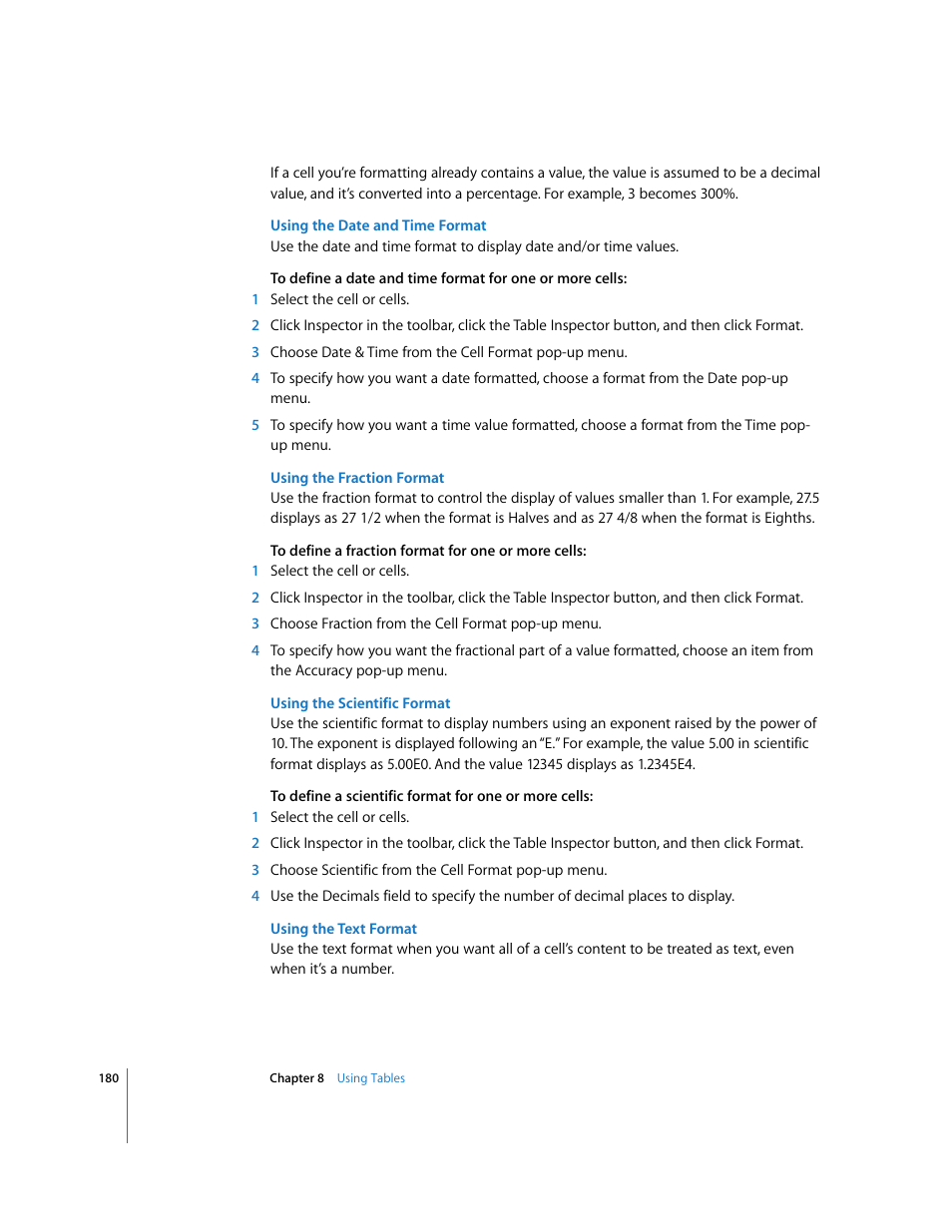 Using the date and time format, Using the fraction format, Using the scientific format | Using the text format | Apple Pages '08 User Manual | Page 180 / 246