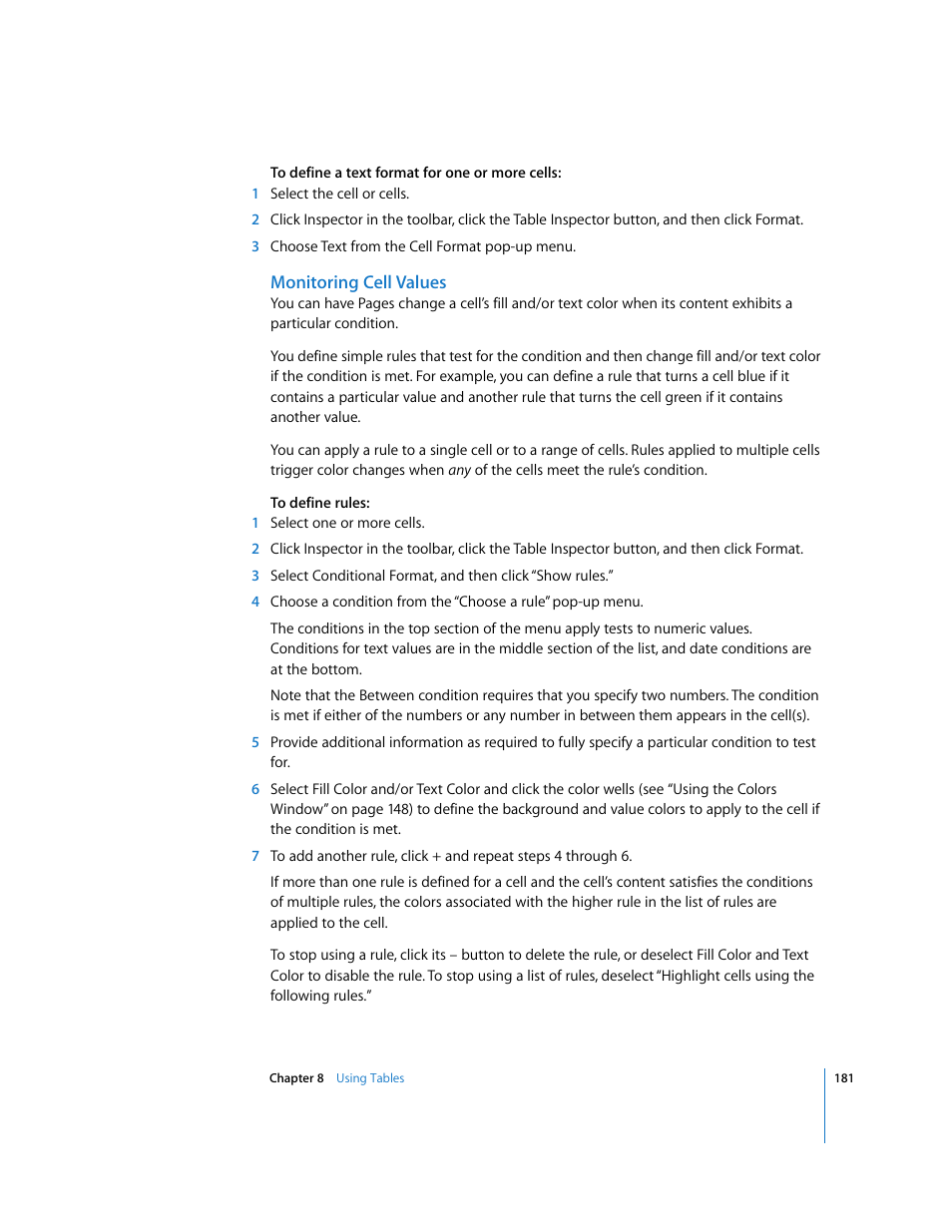 Monitoring cell values | Apple Pages '08 User Manual | Page 181 / 246