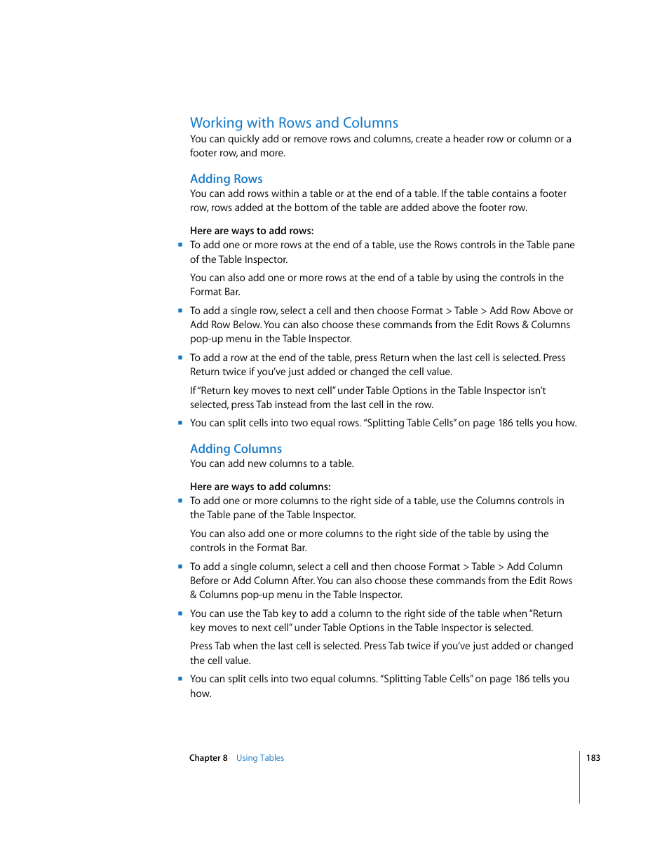 Working with rows and columns, Adding rows, Adding columns | Apple Pages '08 User Manual | Page 183 / 246