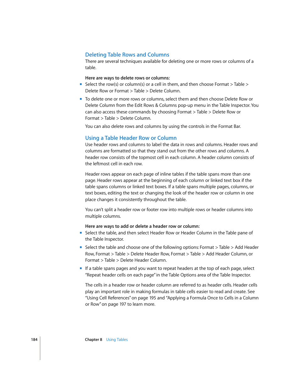Deleting table rows and columns, Using a table header row or column | Apple Pages '08 User Manual | Page 184 / 246