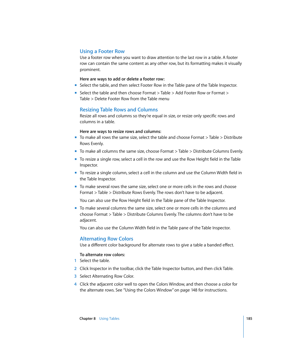 Using a footer row, Resizing table rows and columns, Alternating row colors | Apple Pages '08 User Manual | Page 185 / 246