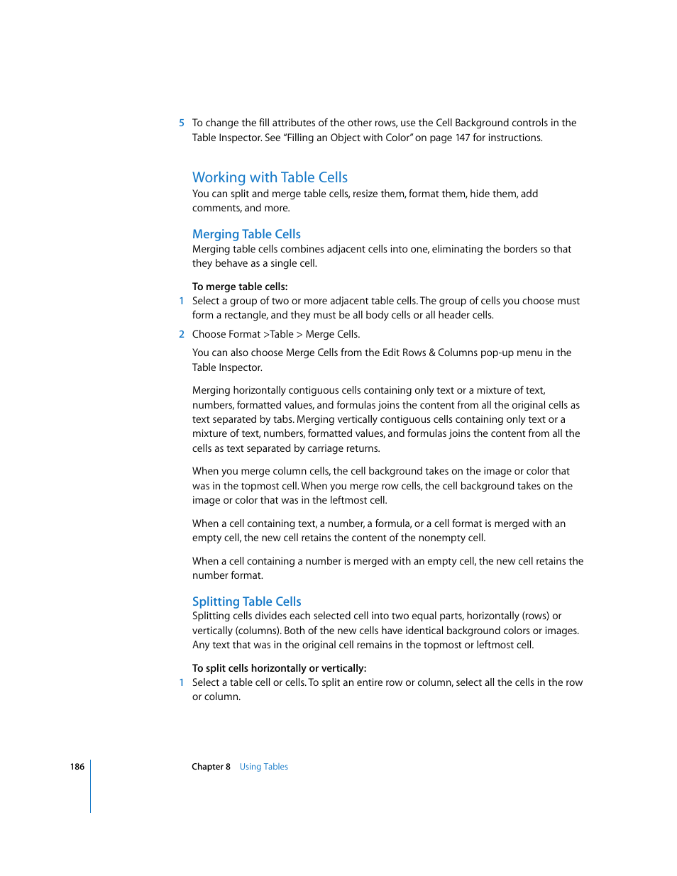 Working with table cells, Merging table cells, Splitting table cells | Apple Pages '08 User Manual | Page 186 / 246
