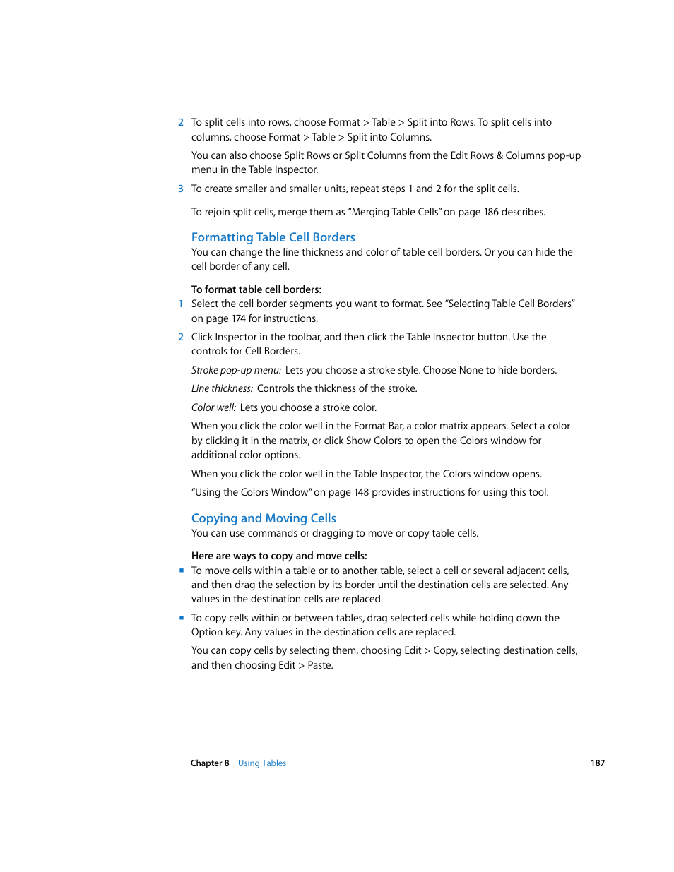 Formatting table cell borders, Copying and moving cells | Apple Pages '08 User Manual | Page 187 / 246