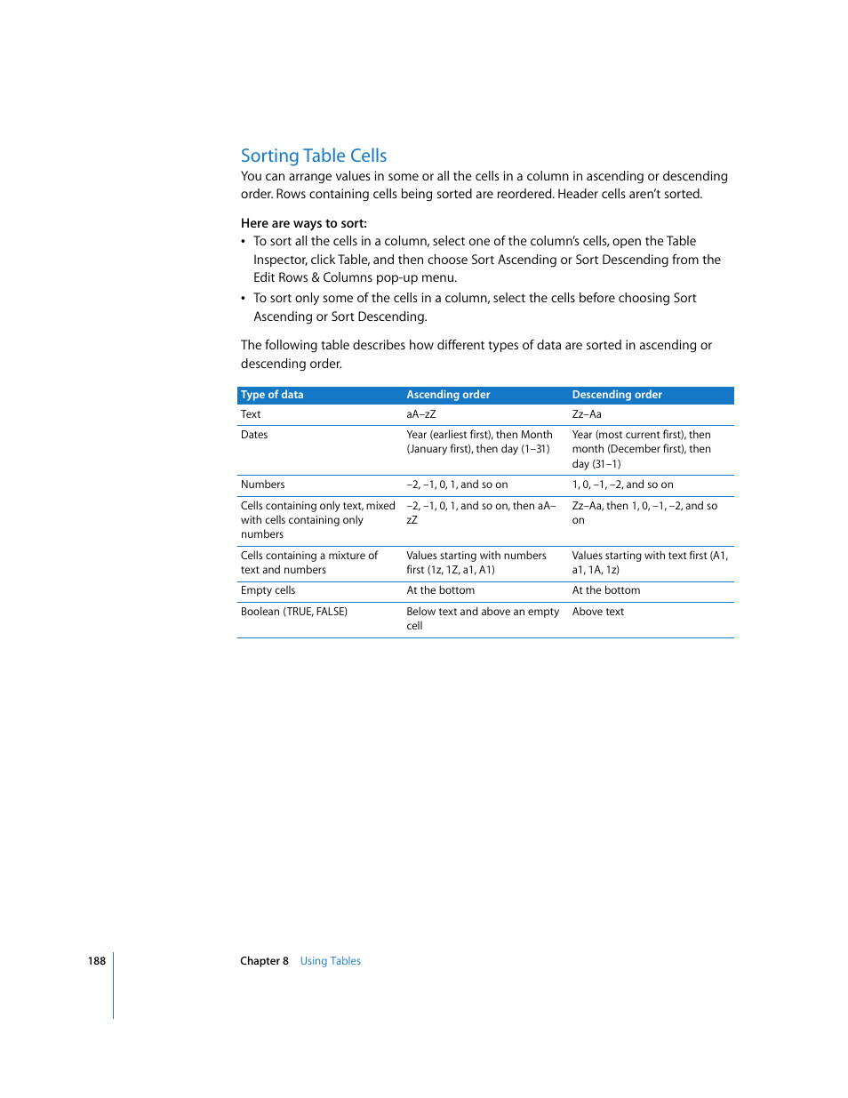 Sorting table cells | Apple Pages '08 User Manual | Page 188 / 246