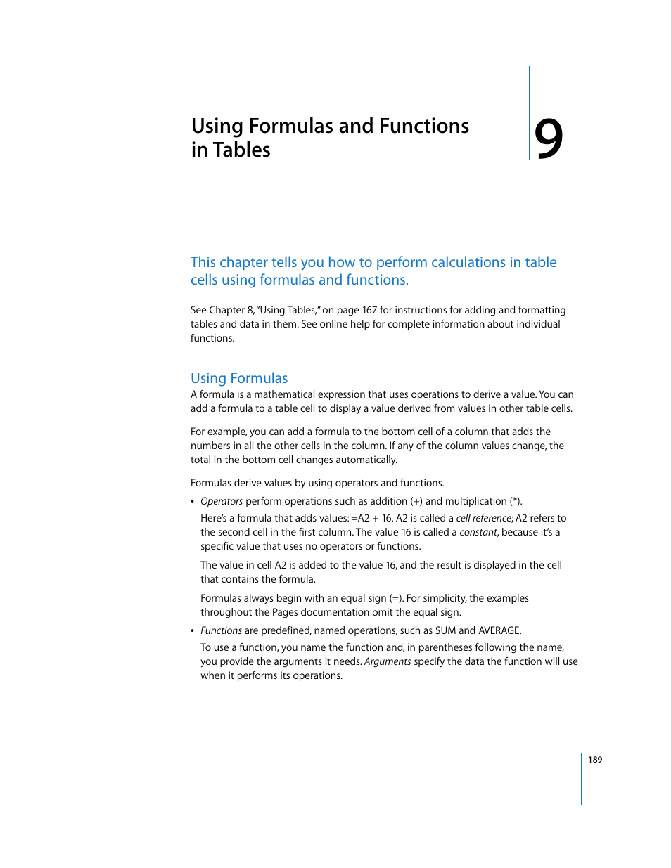 Using formulas and functions intables, Using formulas, Chapter 9 | Using formulas and functions in tables | Apple Pages '08 User Manual | Page 189 / 246