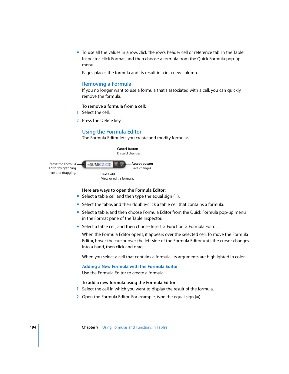 Removing a formula, Using the formula editor, Adding a new formula with the formula editor | Apple Pages '08 User Manual | Page 194 / 246