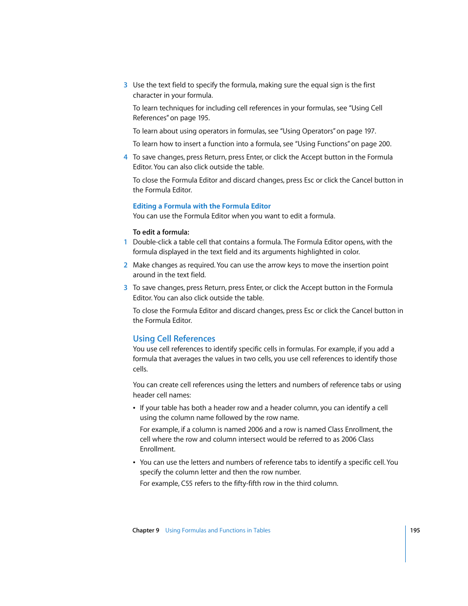 Editing a formula with the formula editor, Using cell references | Apple Pages '08 User Manual | Page 195 / 246