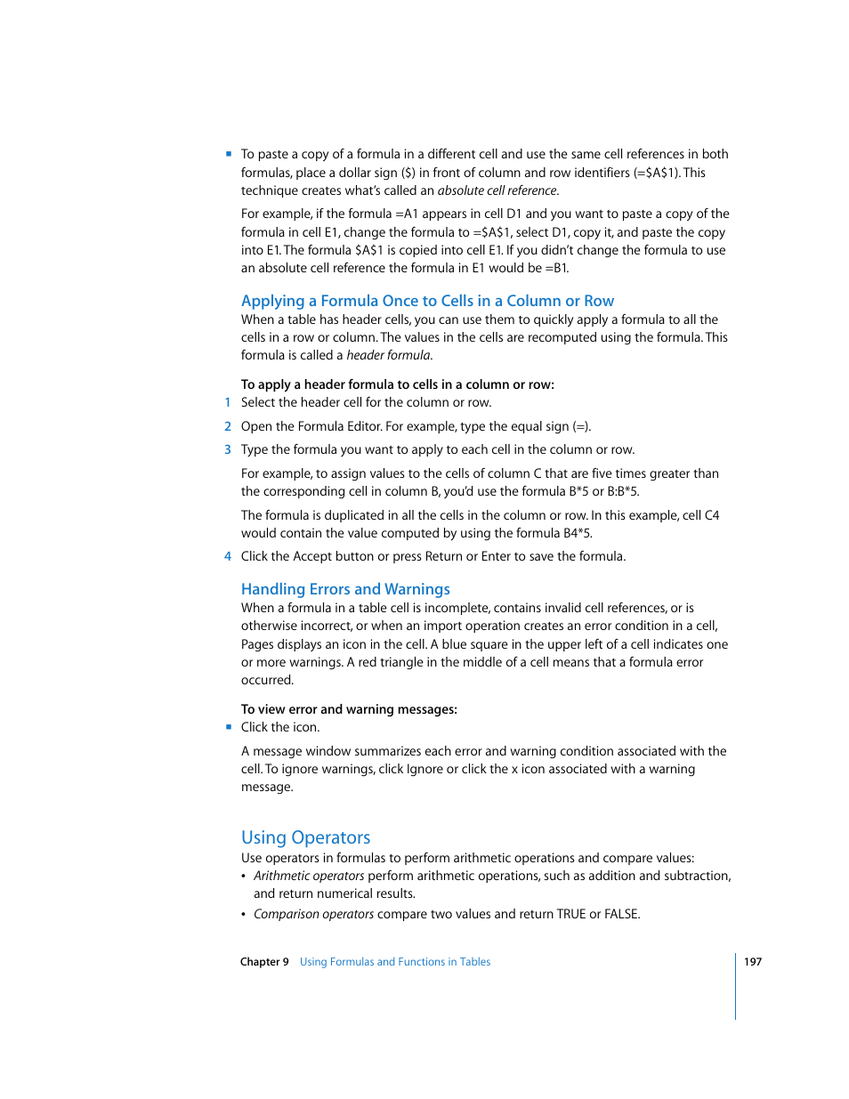 Handling errors and warnings, Using operators | Apple Pages '08 User Manual | Page 197 / 246