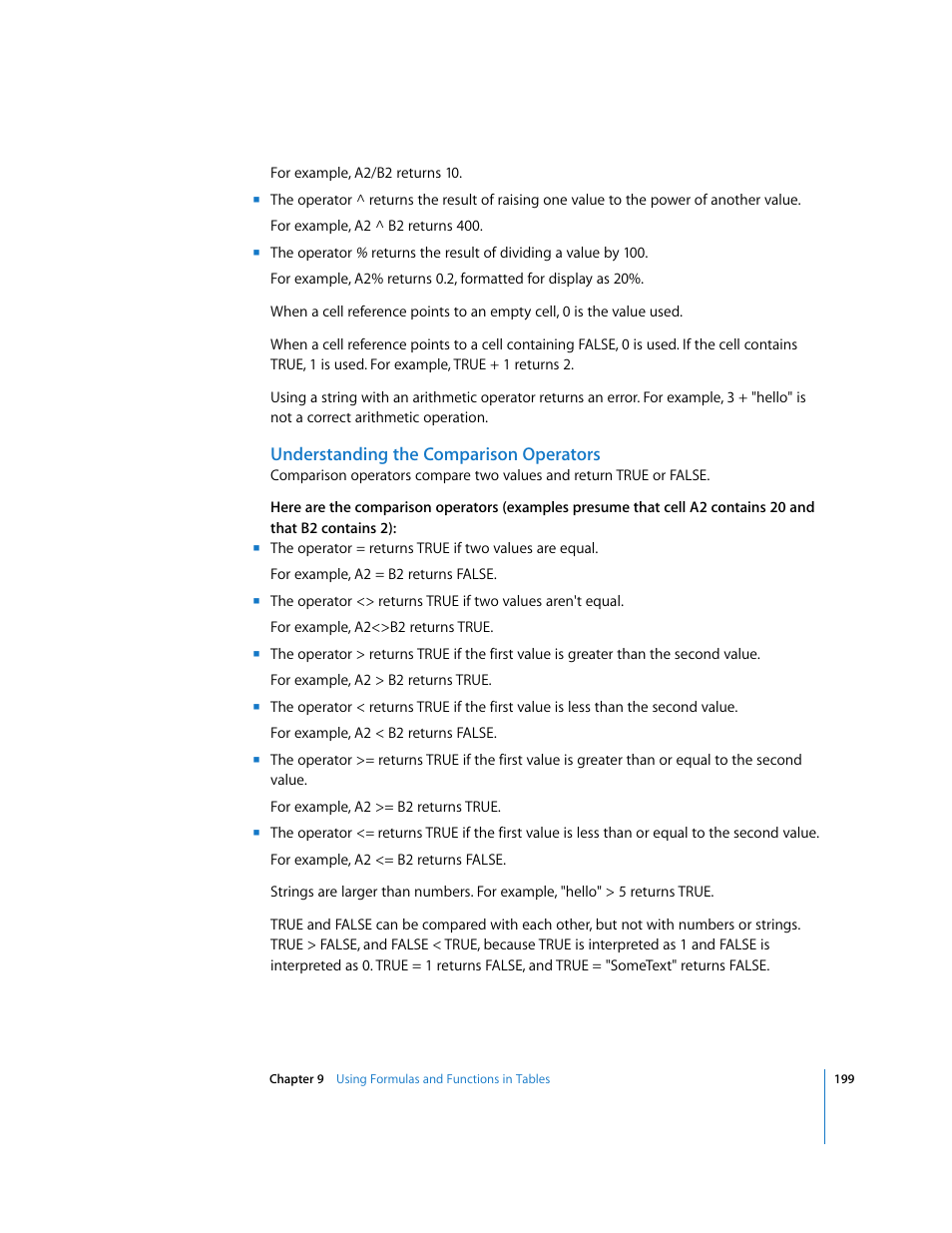 Understanding the comparison operators | Apple Pages '08 User Manual | Page 199 / 246