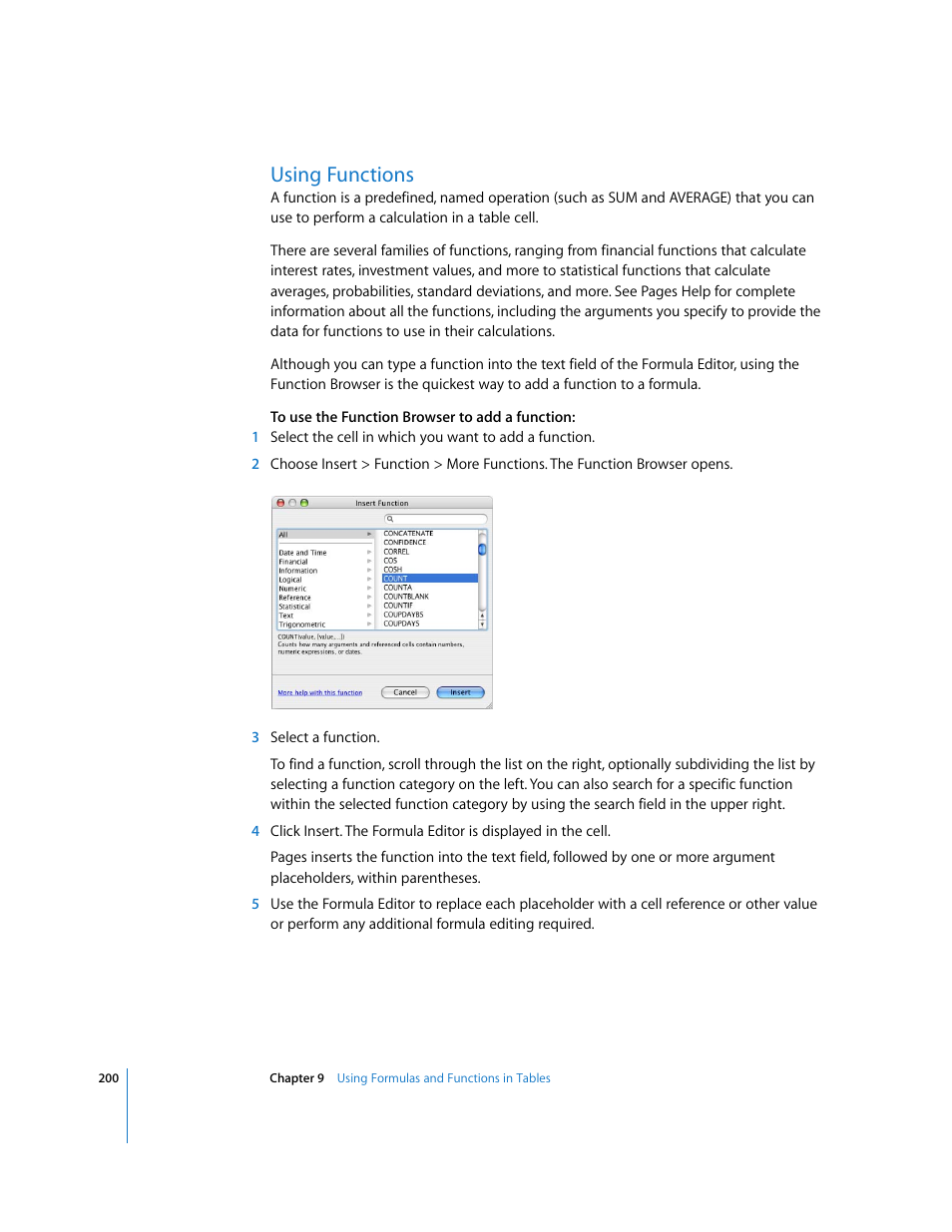 Using functions | Apple Pages '08 User Manual | Page 200 / 246