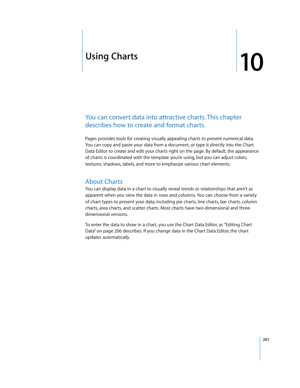 Using charts, About charts, Chapter 10 | Apple Pages '08 User Manual | Page 201 / 246