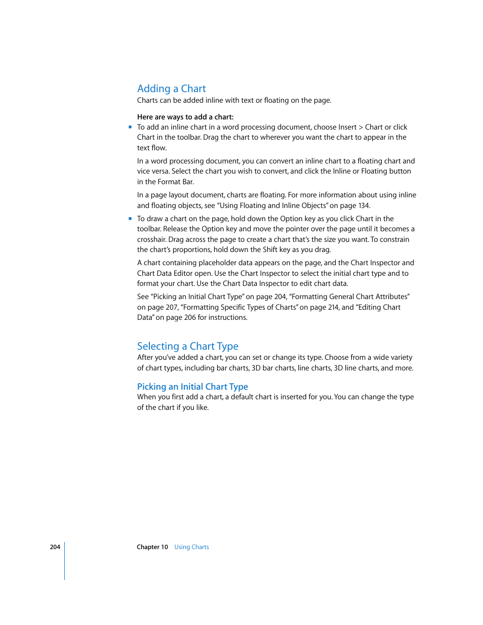 Adding a chart, Selecting a chart type, Picking an initial chart type | Apple Pages '08 User Manual | Page 204 / 246