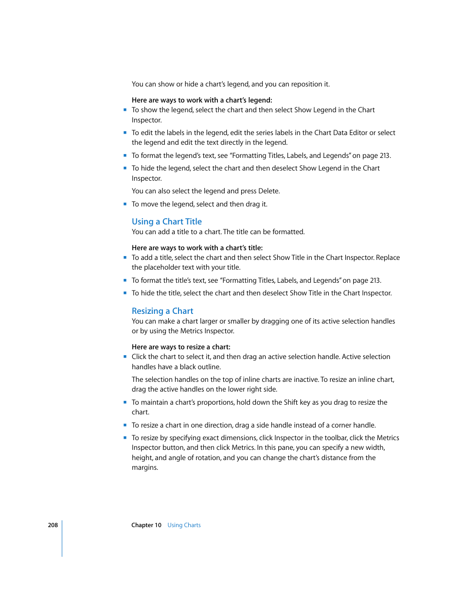 Using a chart title, Resizing a chart | Apple Pages '08 User Manual | Page 208 / 246