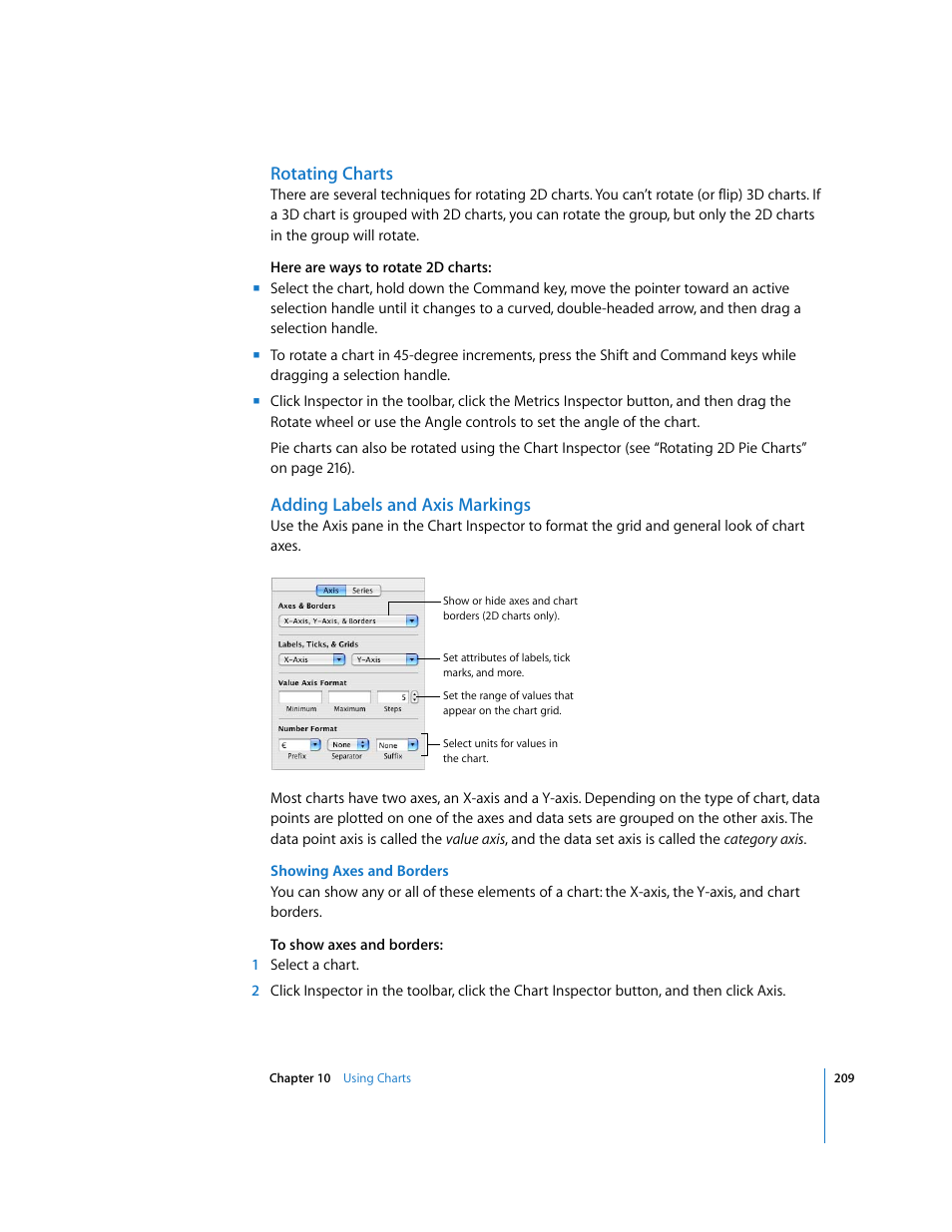 Rotating charts, Adding labels and axis markings, Showing axes and borders | Apple Pages '08 User Manual | Page 209 / 246