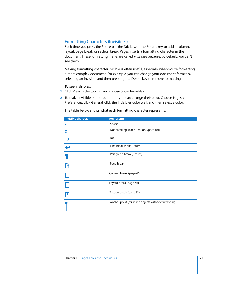 Formatting characters (invisibles) | Apple Pages '08 User Manual | Page 21 / 246