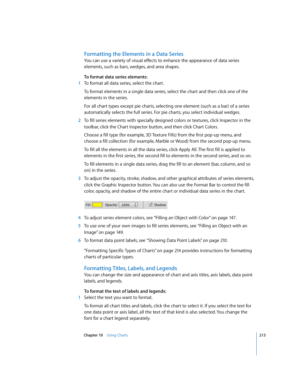 Formatting the elements in a data series, Formatting titles, labels, and legends | Apple Pages '08 User Manual | Page 213 / 246