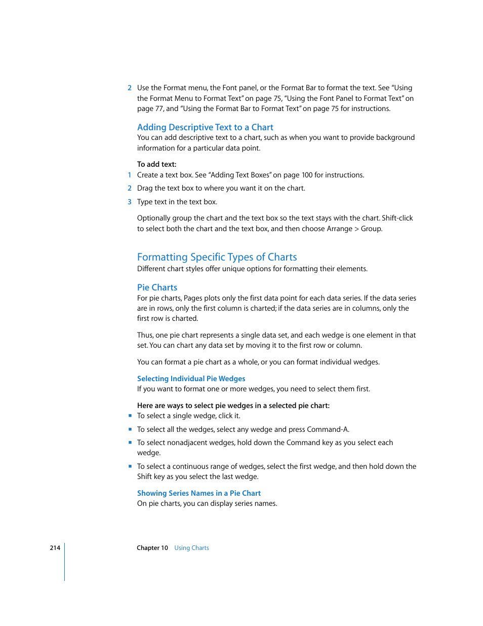 Adding descriptive text to a chart, Formatting specific types of charts, Pie charts | Selecting individual pie wedges, Showing series names in a pie chart | Apple Pages '08 User Manual | Page 214 / 246
