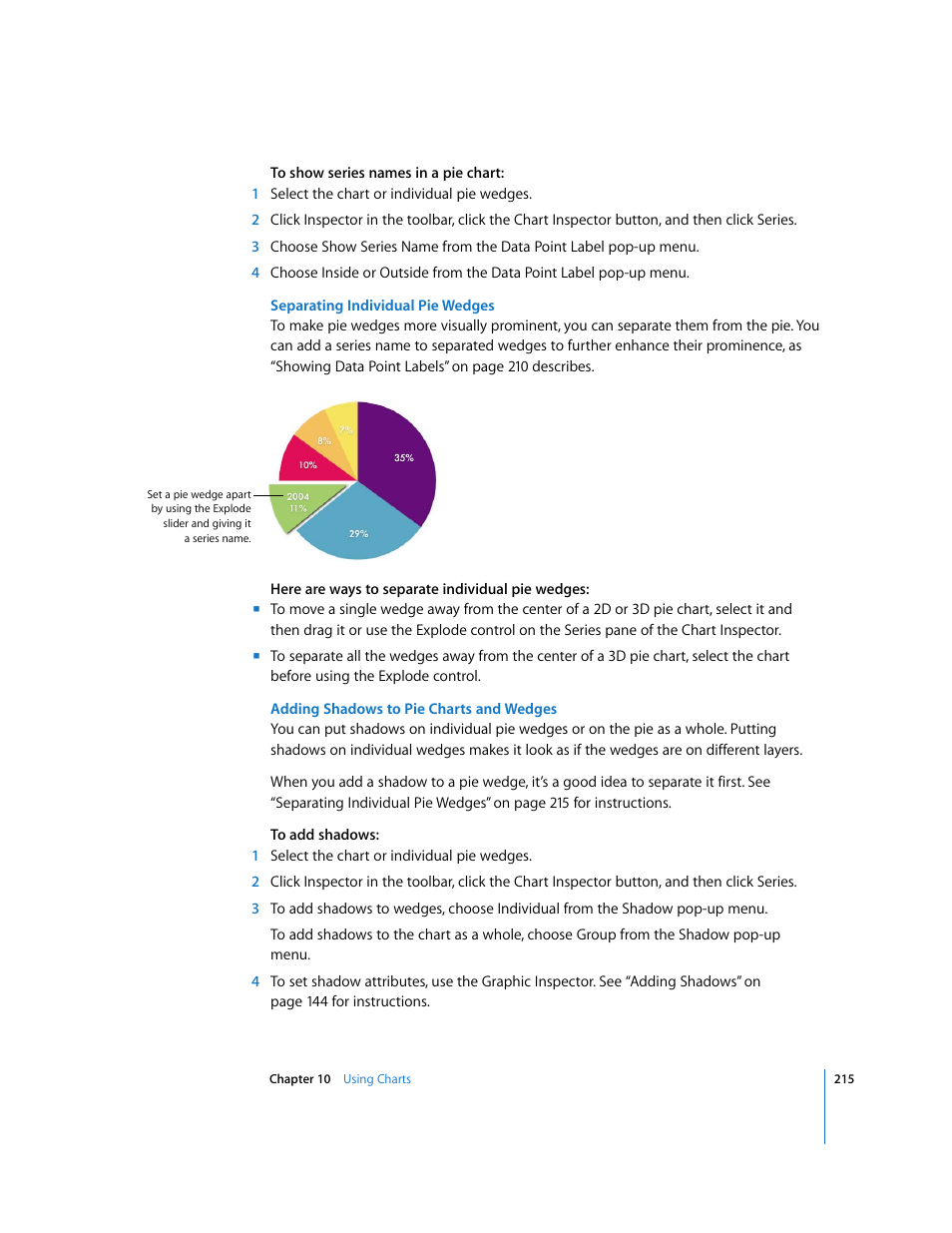 Separating individual pie wedges, Adding shadows to pie charts and wedges | Apple Pages '08 User Manual | Page 215 / 246