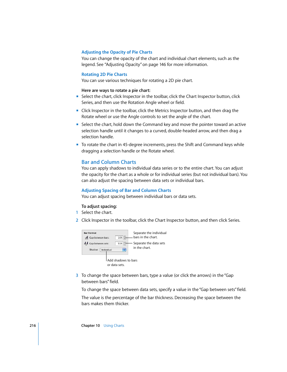 Adjusting the opacity of pie charts, Rotating 2d pie charts, Bar and column charts | Adjusting spacing of bar and column charts | Apple Pages '08 User Manual | Page 216 / 246