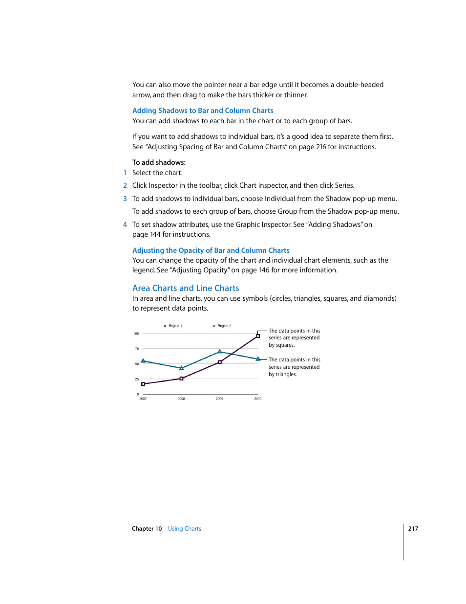 Adding shadows to bar and column charts, Adjusting the opacity of bar and column charts, Area charts and line charts | Apple Pages '08 User Manual | Page 217 / 246