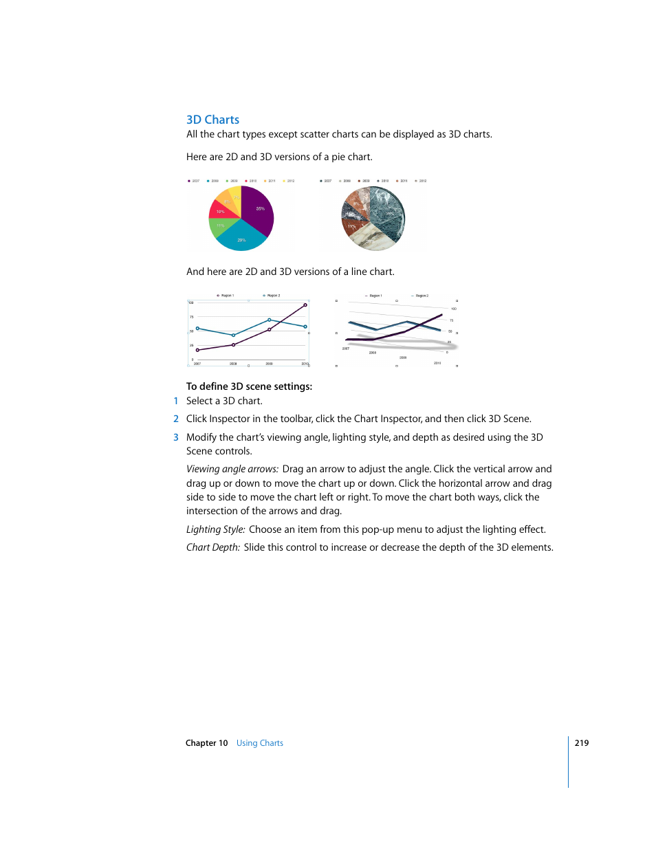3d charts | Apple Pages '08 User Manual | Page 219 / 246