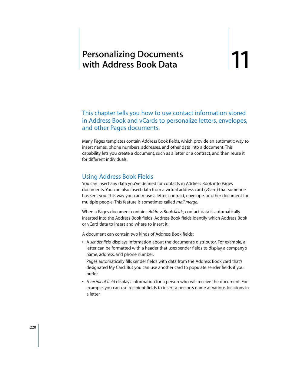 Personalizing documents withaddress book data, Using address book fields, Chapter 11 | Personalizing documents with address book data | Apple Pages '08 User Manual | Page 220 / 246