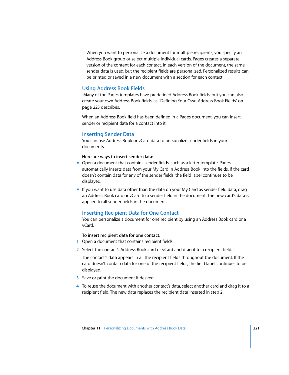 Using address book fields, Inserting sender data, Inserting recipient data for one contact | Apple Pages '08 User Manual | Page 221 / 246