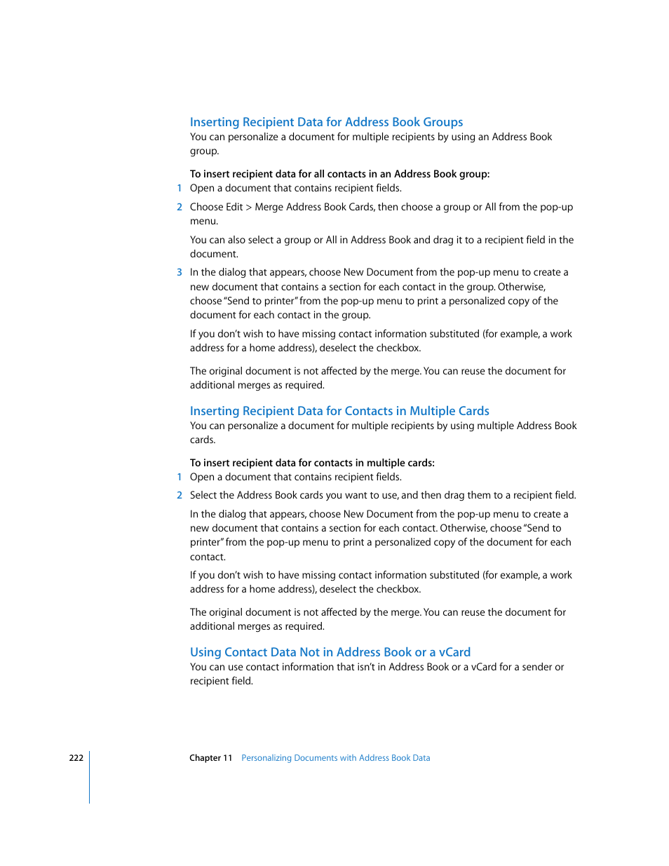 Inserting recipient data for address book groups, Using contact data not in address book or a vcard | Apple Pages '08 User Manual | Page 222 / 246